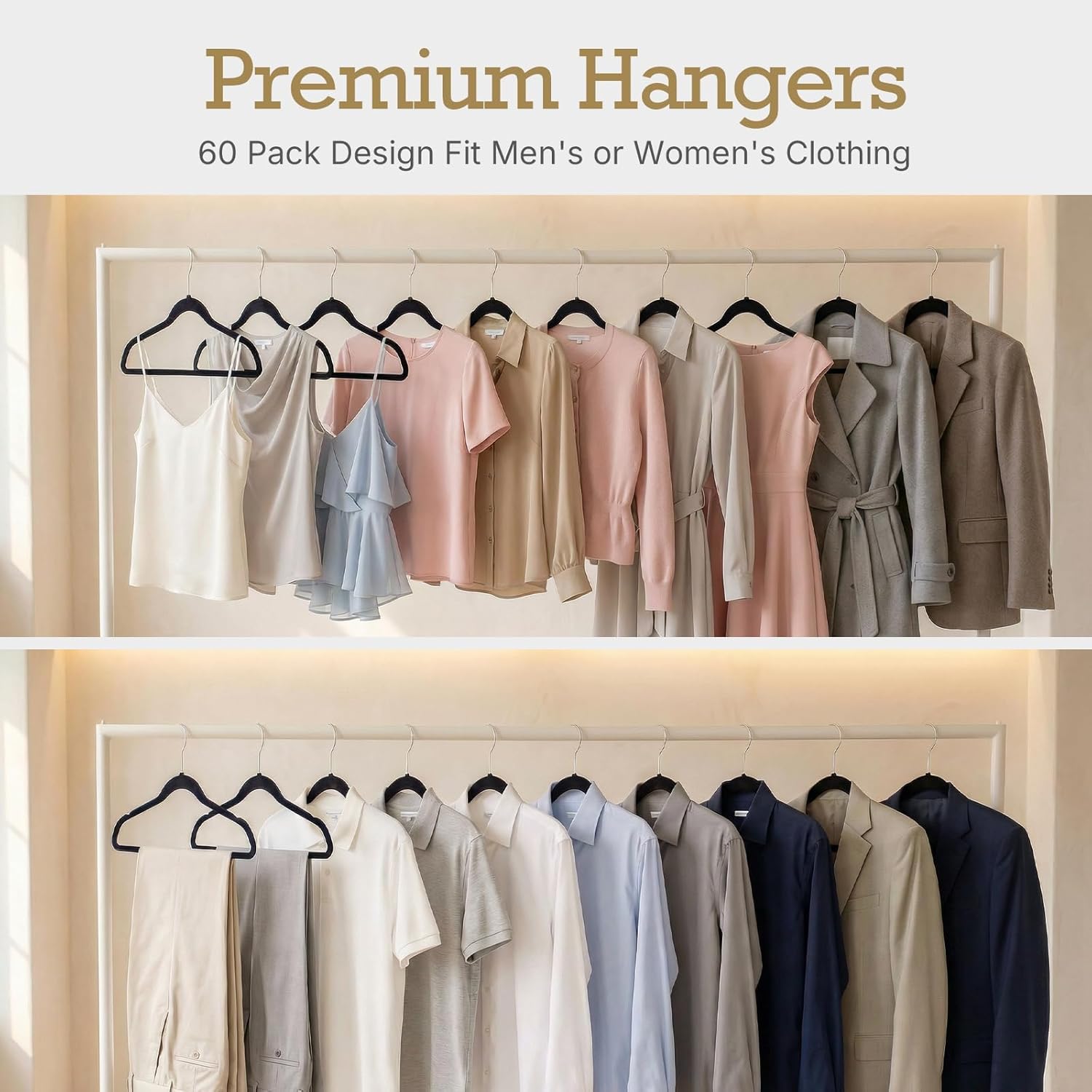HOUSE DAY Black Velvet Hangers 60 Pack. Non Slip Clothes Felt Hanger Heavy Duty for Coat. Premium Slim Space Saving Suit Hangers for Closet Organizer. 360° Rotating Silver Hook - Image 7